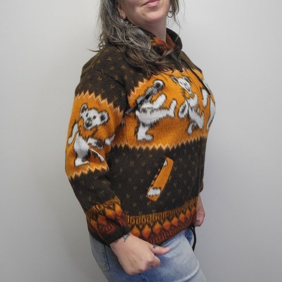 GRATEFUL DEAD Bears Fuzzy Wool/Cotton Zip Hoodie Sweater Brown Orange Unisex S - Picture 4 of 11